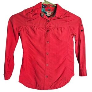 REI Girls Button Down Shirt XXS 4-5 Bright Pinkish Red Long Sleeve Upf Fisherman